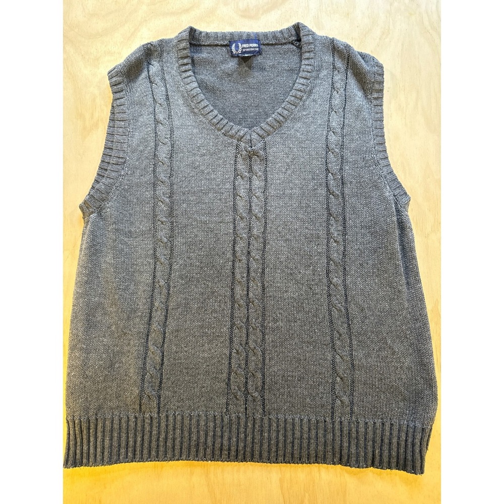 Fred Perry Sportswear Grey Cable Knit V-Neck Sweater Vest Mens Large RN 38791